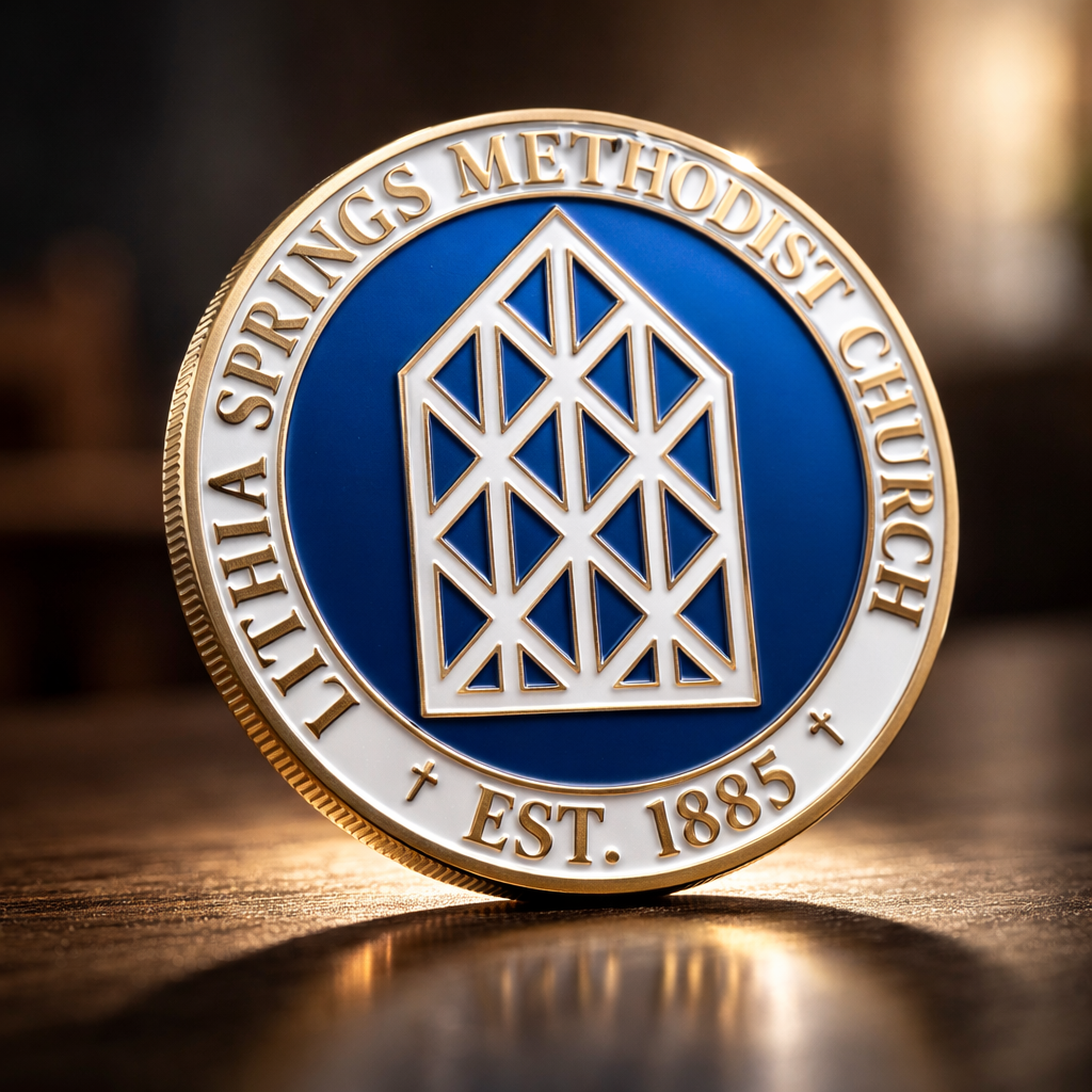 Challenge coin obverse: the diamond-paned sanctuary window of Lithia Springs Methodist Church with 'Established 1885,' rendered in soft enamel with blue and gold finish