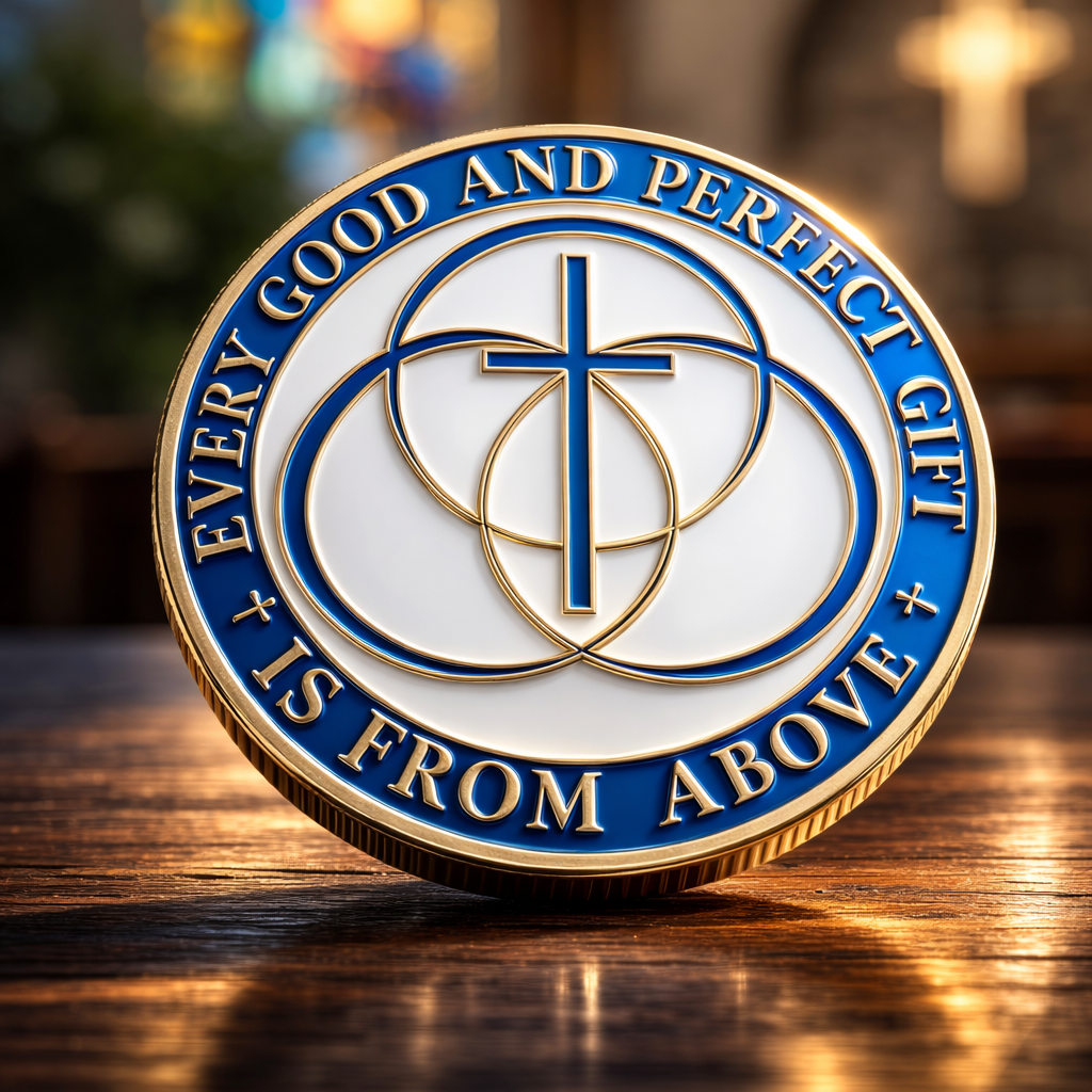Challenge coin reverse: the cross and interlocking circles of the Global Methodist Church with the words of James 1:17, 'Every good and perfect gift is from above'